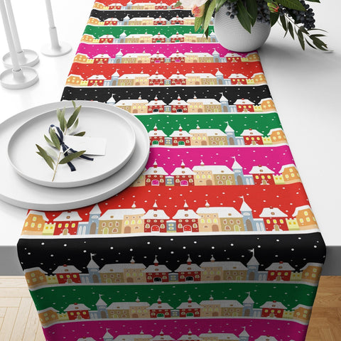 Winter Table Runner|Christmas Tablecloth|Pine Tree and House Table Centerpiece|Xmas Home Decor|Snow and Gift Box Print Farmhouse Tabletop