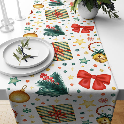 Christmas Table Runner|Winter Tablecloth|Decorative Candy Table Centerpiece|Xmas Home Decor|Xmas Gift Box Print Farmhouse Style Tabletop