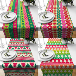 Winter Table Runner|Christmas Tablecloth|Colorful Pine Tree Illustration Table Centerpiece|Xmas Home Decor|Geometric Decorative Tabletop