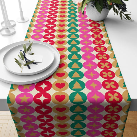 Winter Table Runner|Christmas Tablecloth|Colorful Pine Tree Illustration Table Centerpiece|Xmas Home Decor|Geometric Decorative Tabletop