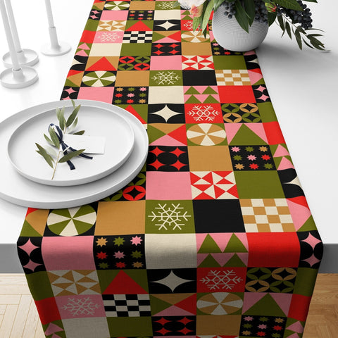 Christmas Tablecloth|Winter Trend Table Runner|Joyful and Merry Print Tabletop|Colorful Geometric Xmas Ornament Tabletop|Christmas Gift Idea