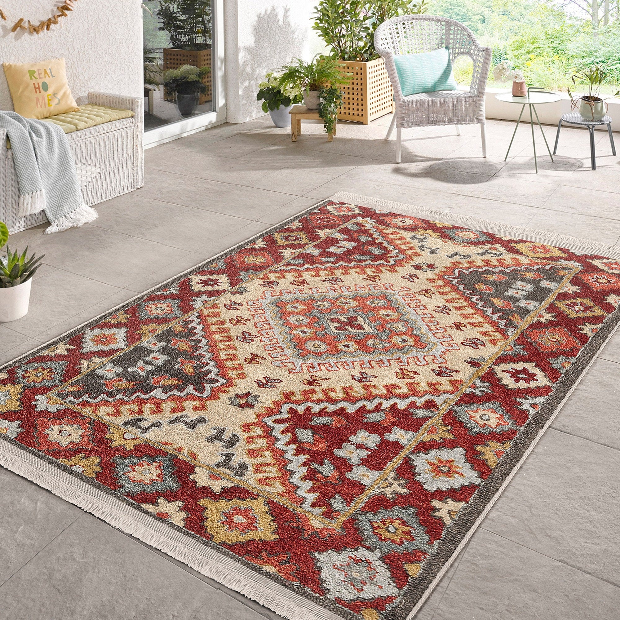 Kilim Pattern MachineWashable Fringed NonSlip Rug Carpet Akasia