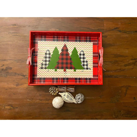 Xmas Serving Tray|Winter Trend Tray|Hand Painted Wooden Tray|Checkered Pine Tree Decor|Xmas Table Decor|Farmhouse Style Gift for Her/Mom