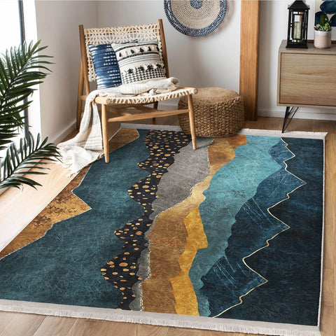 Turquoise Gold Rug|Abstract Area Carpet|Boho Design Rug|Machine-Washable Fringed Non-Slip Mat|Multi-Purpose Anti-Slip Housewarming Carpet