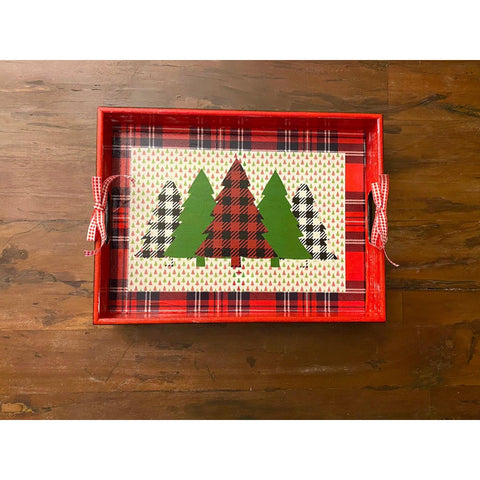 Xmas Serving Tray|Winter Trend Tray|Hand Painted Wooden Tray|Checkered Pine Tree Decor|Xmas Table Decor|Farmhouse Style Gift for Her/Mom