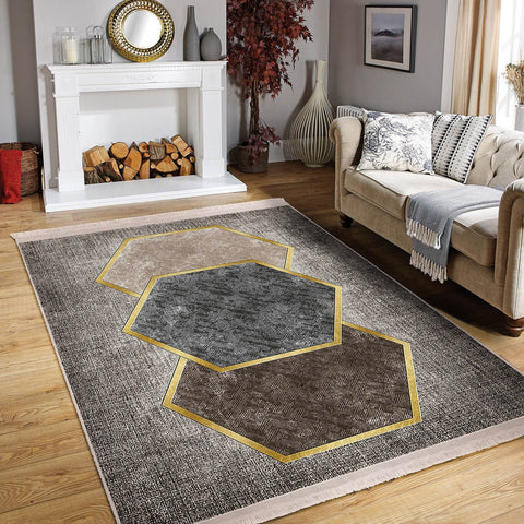 Hexagon Pattern Rug|Geometric Area Rug|Machine-Washable Fringed Non-Slip Mat|Modern Multi-Purpose Anti-Slip Carpet|Abstract Living Room Rug