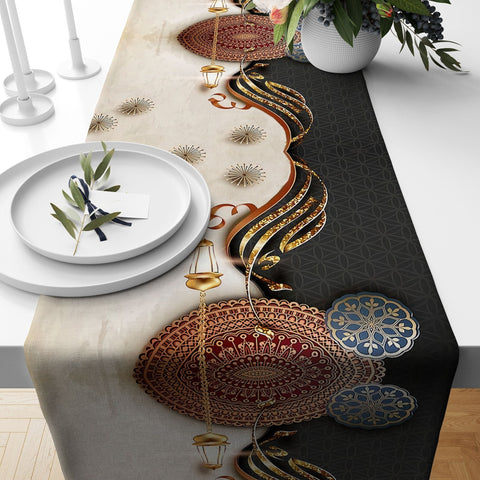 Ramadan Table Runner|Religious Tablecloth|Gift for Muslims|Eid Mubarak Tabletop|Mystic Motif Print Table Centerpiece|Ramadan Kareem Decor
