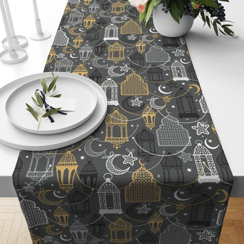 Islamic Table Runner|Lantern Ramadan Kareem Tablecloth|Religious Motif Table Centerpiece|Crescent Tabletop|Gift for Muslims|Islamic Decor