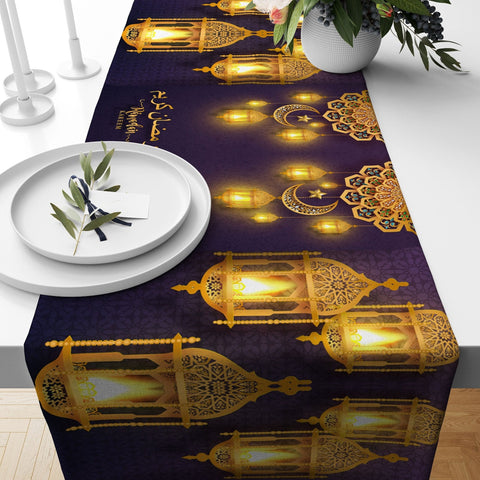 Ramadan Table Runner|Religious Tablecloth|Gift for Muslims|Eid Mubarak Tabletop|Mystic Motif Print Table Centerpiece|Ramadan Kareem Decor