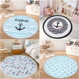 Nautical Round Rug|Anchor Kid Carpet|Kids Circle Carpet|Fringed Kids Room Carpet|Captain Area Rug|Lighthouse and Wheel Print Anti-Slip Mat