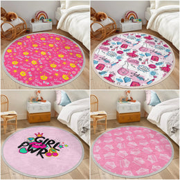 Princess Round Rug|Crown Print Anti-Slip Girls Carpet|Non-Slip Round Carpet|Fringed Kid Room Circle Carpet|Colorful Area Rug|Girls Room Rug