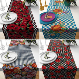 Floral Table Runner|Summer Tablecloth|Floral Table Decor|Checkered Runner|Farmhouse Crowbar Pattern Flower Print Tabletop|Stylish Tablecloth