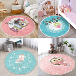 Cute Owl Circle Rug|Fringed Owl Print Kid Carpet|Non-Slip Round Rug|Pastel Color Carpet|Kids Home Decor|Animal Anti-Slip Mat|Floor Covering