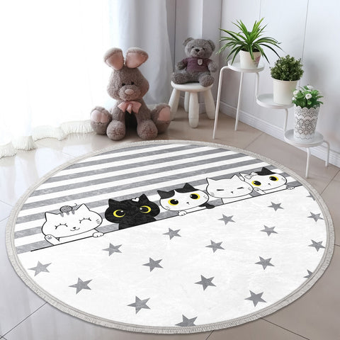 Cute Cats Circle Rug|Fringed Cat Print Kid Carpet|Non-Slip Round Rug|Colorful Area Rug|Kids Home Decor|Animal Anti-Slip Mat|Floor Covering
