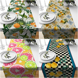 Citrus Table Runner|Summer Tablecloth|Lemon Home Decor|Checkered Floral Runner|Farmhouse Tile Pattern Table Top|Stylish Lemon Tablecloth