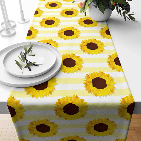 Sunflower Table Runner|Summer Tablecloth|Striped Sunflower Decor|Housewarming Runner|Farmhouse Floral Print Tabletop|Sunflower Tablecloth