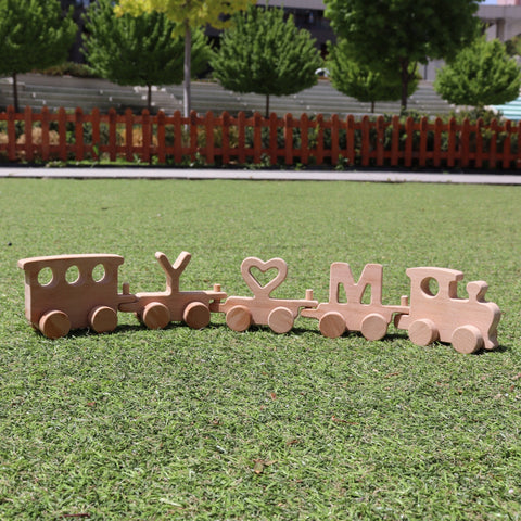 Wooden Toy Train Set with Trailer|Name Puzzle Train Toy|Toddler Push Toy|Nursery Natural Wood Toy Decor|Waldorf, Montessori Toy Gift For Kid
