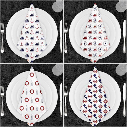 Nautical Fabric Napkin|Fish, Compass and Anchor Print Napkin|Wheel, Shark Cloth Serviette|Beach House Table Decor|Coastal Tableware