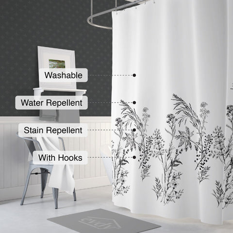 Floral Shower Curtain|Water and Stain Repellent Bathroom Curtain|Fabric Shower Drapes for Bathroom with Hooks|Waterproof Plant Curtain