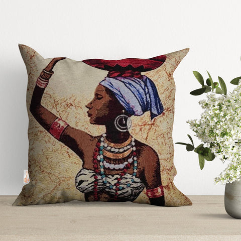 Tapestry Pillow Cover|Decorative African Woman Print Tapestry Pillowcase|Gobelin Throw Pillow Cover|Handmade Woven Ethnic Design Home Decor