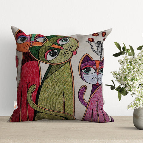 Cute Cats Pillow Cover|Decorative Gobelin Tapestry Pillowcase|Authentic Woven Throw Pillow Top|Outdoor Cushion Case|Colorful Cat Home Decor
