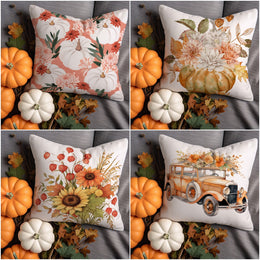 Autumn Cushion Case|Sunflower Pillow Case|Floral Pillowcase|Fall Throw Pillowtop|Cozy Cushion Cover|Retro Car Pillow Sham|White Pumpkin