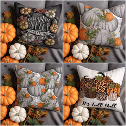 Boho Autumn Cushion Cover|Cozy Fall Pillow Sham|Gray And Orange Pumpkin Pillow Case|It's Fall Yall Cushion Case|Happy Pumpkin Spice Pillow