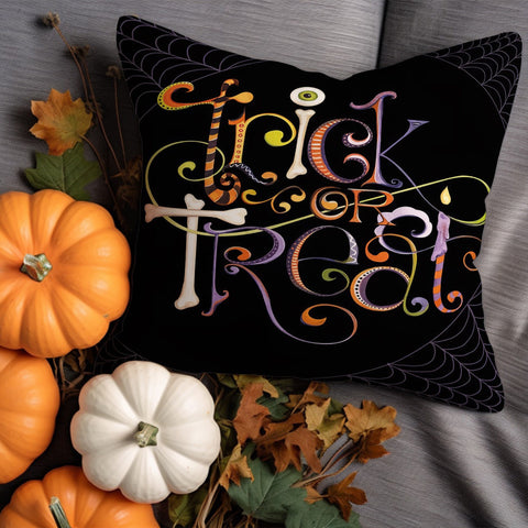 Trick or Treat Pillowcase|Halloween Cushion Cover|Lets Get Spooky Cushion Case|Carved Pumpkin Throw Pillowtop|Skull Pillow Cover