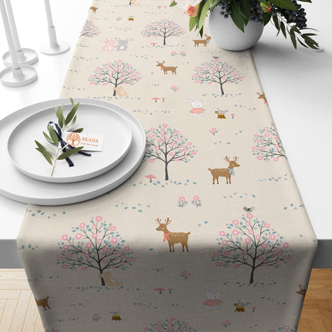 Winter Trend Table Cover|Animal Table Decor|Bird Table Runner|Snowman Tablecloth|Xmas Kitchen Decor|Deer Table Sheet|Tree Print Table Cover
