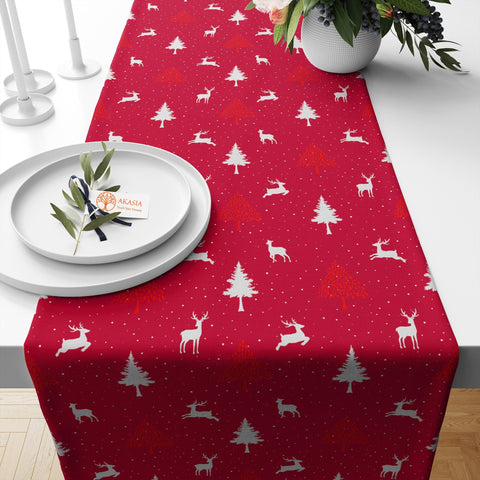 Winter Trend Table Sheet|Pine Tree Table Runner|Xmas Design Table Decor|Deer Tablecloth|Snowflake Kitchen Decor|Berry Print Table Cover