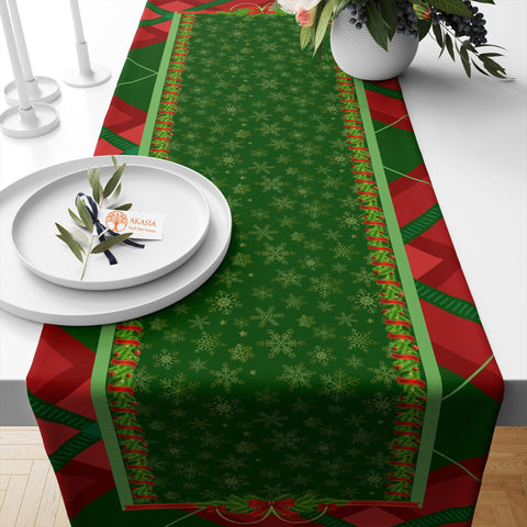 Merry Christmas Table Cover|Snowflake Table Runner|Pine Tree Needles Table Decor|Red Green Kitchen Decor|Xmas Table Sheet|Winter Tablecloth