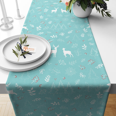 Winter Trend Table Sheet|Pine Tree Table Runner|Xmas Design Table Decor|Deer Tablecloth|Snowflake Kitchen Decor|Berry Print Table Cover
