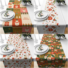 Retro Design Christmas Runner|Cake Table Decor|Cookie Table Runner|Snowman Table Sheet|Winter Tablecloth|Xmas Table Cover|Merry Xmas Runner