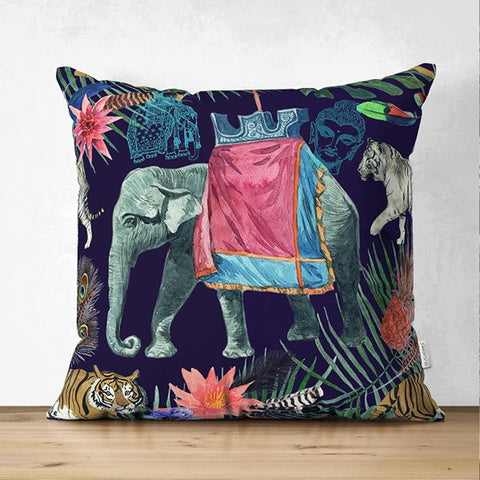 Tropical Jungle Pillow Cover|Colorful Leaves and Animals Cushion Case|Floral Wild Animals Pillowtop|Decorative Pillowcase|Summer Trend Decor