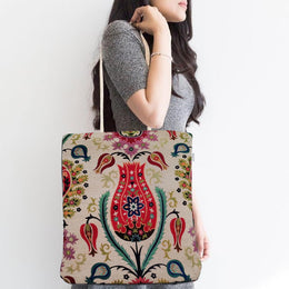 Gobelin Tapestry Shoulder Bag|Turkish Tulip Tile Pattern Handbag|Gift Handbag For Women|Woven Tapestry Fabric|Handmade Belgian Tapestry Bag
