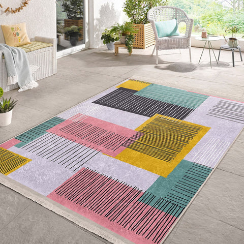 Abstract Area Rug|Bohemian Carpet|Machine-Washable Fringed Non-Slip Mat|Modern Multi-Purpose Anti-Slip Carpet|Colorful Living Room Rug