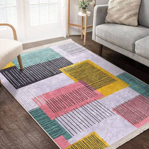 Abstract Area Rug|Bohemian Carpet|Machine-Washable Fringed Non-Slip Mat|Modern Multi-Purpose Anti-Slip Carpet|Colorful Living Room Rug
