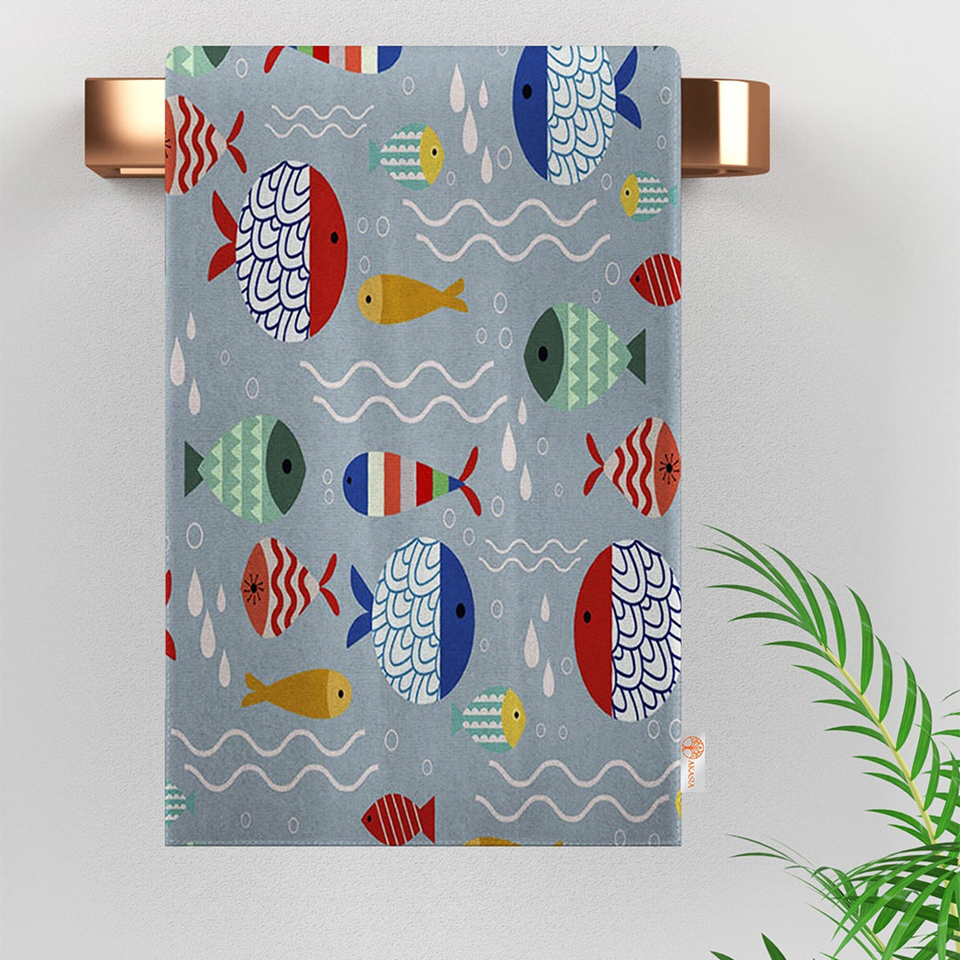 Fish Design Tea Towel|Colorful Kitchen Hand Towel|Seashell Hand Towel|Marine Dish Towel|Summer Trend Kitchen Towel for Her|Housewarming Gift