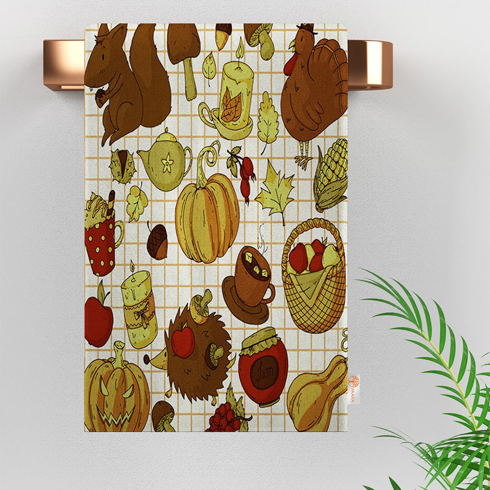 Halloween Tea Towel|Carved Pumpkin and Black Cat Dish Towel|Watercolored Halloween Dishcloth|Autumn Dust Remover and Cleaning Cloth