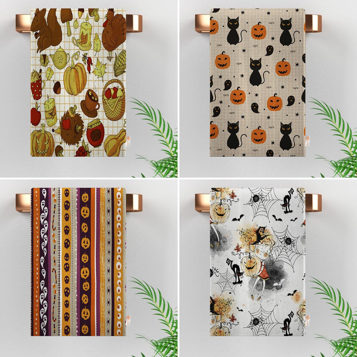 Halloween Tea Towel|Carved Pumpkin and Black Cat Dish Towel|Watercolored Halloween Dishcloth|Autumn Dust Remover and Cleaning Cloth