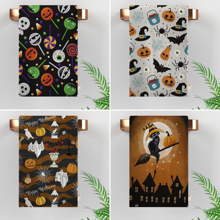 Halloween Tea Towel|Carved Pumpkin and Black Cat Dish Towel|Witch Hat Print Rag|Scary Dishcloth|Autumn Dust Remover and Cleaning Cloth
