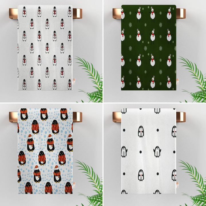 Winter Kitchen Towel|Cute Penguin and Snowman Dish Towel|Snow Hand Towel|Decorative Dishcloth|Winter Tea Towel|Cleaning Cloth|Dust Remover