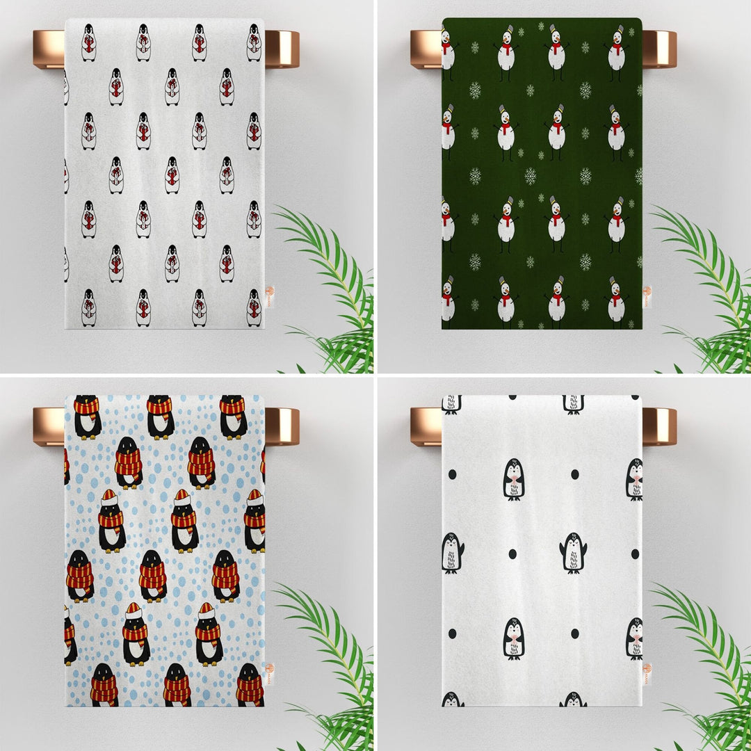 Winter Kitchen Towel|Cute Penguin and Snowman Dish Towel|Snow Hand Towel|Decorative Dishcloth|Winter Tea Towel|Cleaning Cloth|Dust Remover