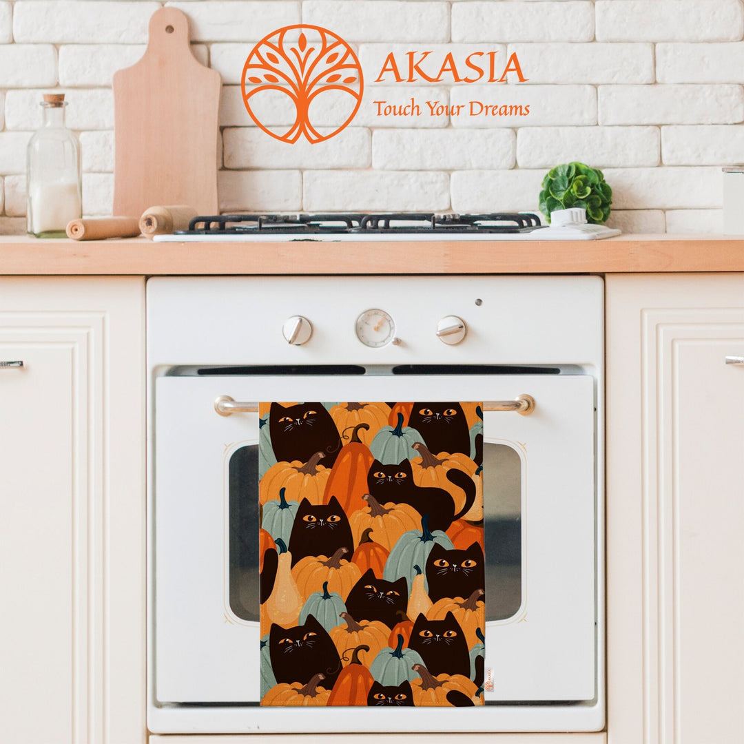Halloween Tea Towel|Pumpkin and Black Cat Dish Towel|Happy Halloween Rag|Trick or Treat Dishcloth|Autumn Dust Remover and Cleaning Cloth