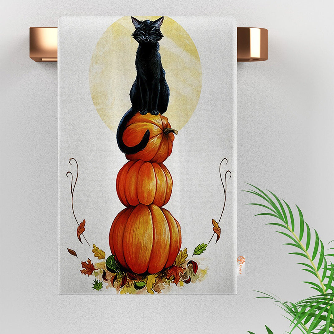 Halloween Tea Towel|Pumpkin and Black Cat Dish Towel|Happy Halloween Rag|Trick or Treat Dishcloth|Autumn Dust Remover and Cleaning Cloth