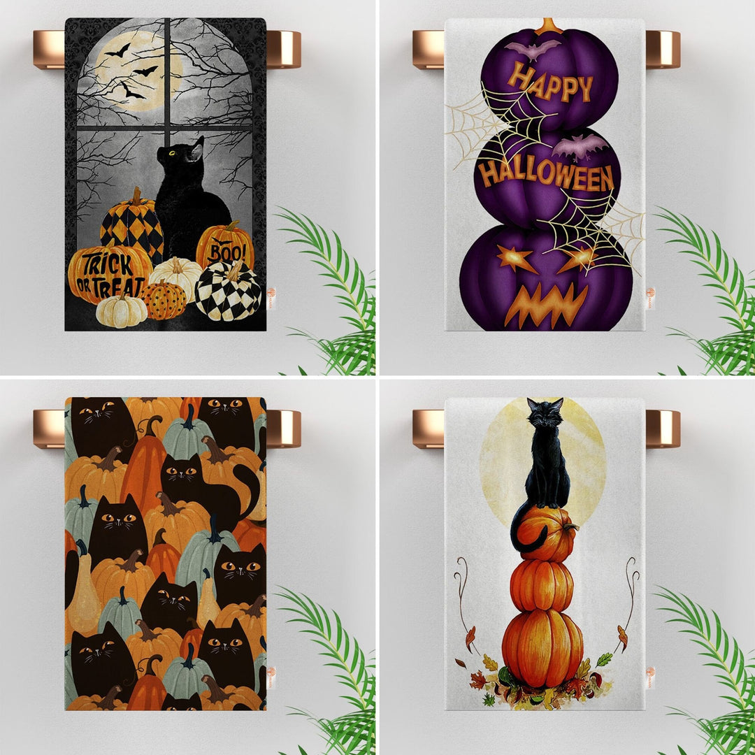 Halloween Tea Towel|Pumpkin and Black Cat Dish Towel|Happy Halloween Rag|Trick or Treat Dishcloth|Autumn Dust Remover and Cleaning Cloth