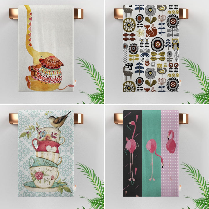 Animal Print Towel|Elephant Tea Towel|Fox Dish Cloth|Bird Print Dishcloth|Flamingo Hand Towel|Decorative All-Purpose Rag|Soft Dust Remover
