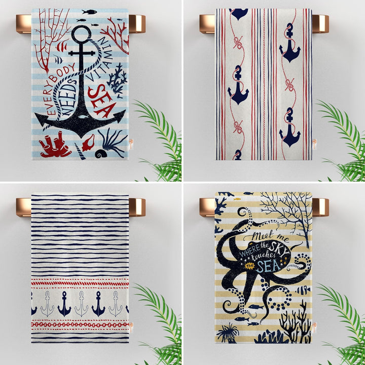 Nautical Hand Towel|Navy Anchor Kitchen Towel|Octopus Dishcloth|Soft Dust Remover|Housewarming Beach House All-Purpose Rag|Coastal Dishcloth