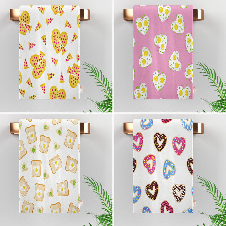 Valentine Dish Towel|Fried Egg Dish Cloth|Heart Donut Print Towel|Heart Shaped Fried Egg Print Hand Towel|All-Purpose Rag|Cost-Effective Rag