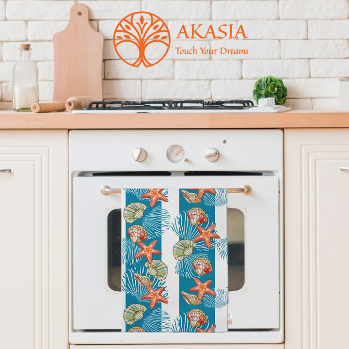 Fish Design Tea Towel|Colorful Kitchen Hand Towel|Seashell Hand Towel|Marine Dish Towel|Summer Trend Kitchen Towel for Her|Housewarming Gift